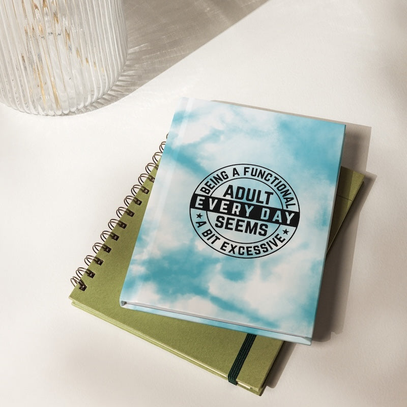 Notebook with a cloud-patterned cover and text on a light surface