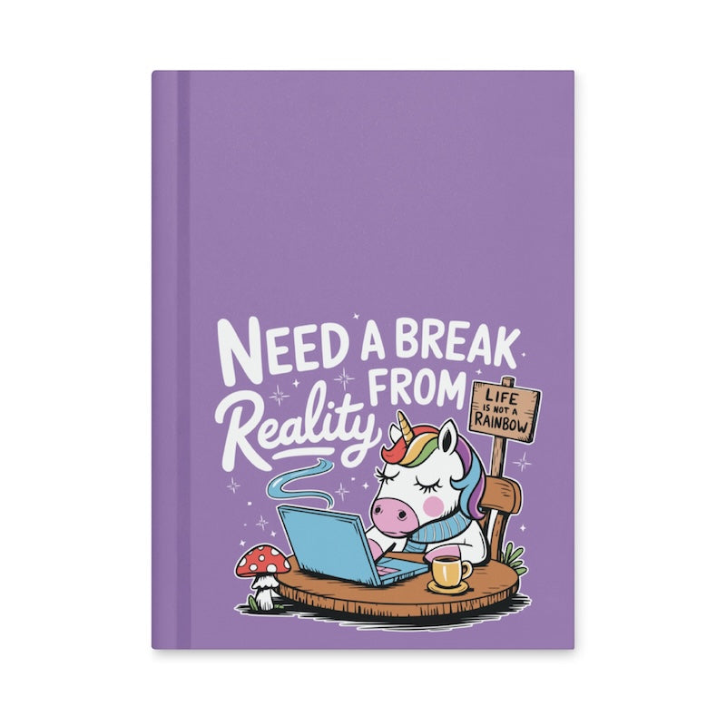 Purple notebook with a cartoon unicorn and text on a white background