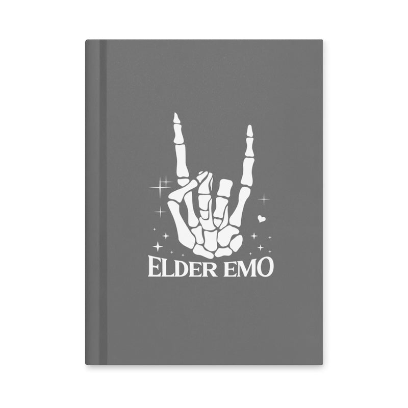 Gray notebook with a white skeleton hand and 'Elder Emo' text design on a white background