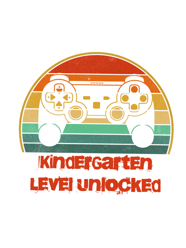 -retro-style graphic with gaming controller and text 'Kindergarten Level Unlocked' on a white background.