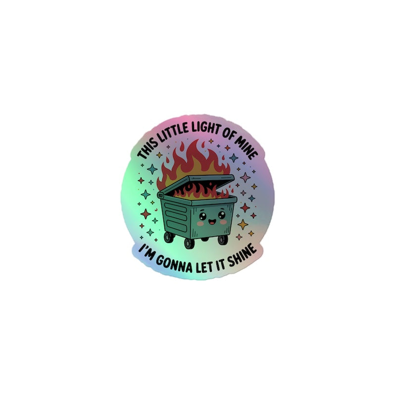 Sticker with a cartoon dumpster and text on a white background