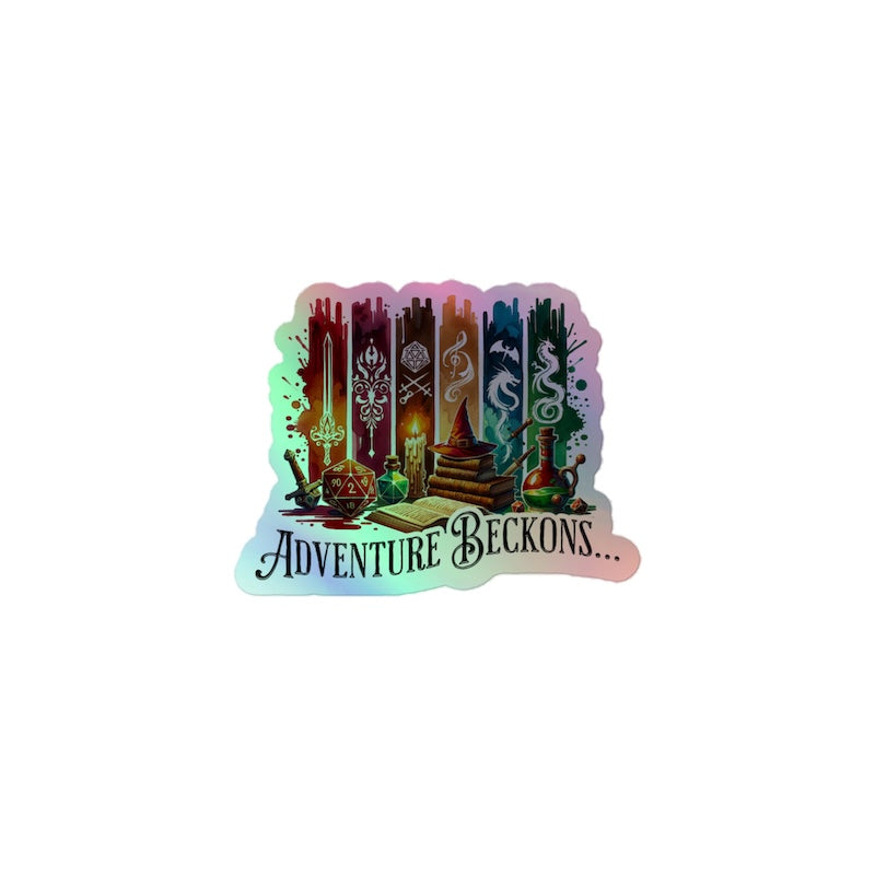 Sticker with fantasy-themed design and 'Adventure Beckons' text on a white background