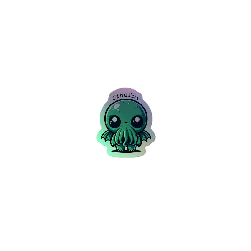 Glowing green cartoon-like cthulhu character with a purple hat on a white background