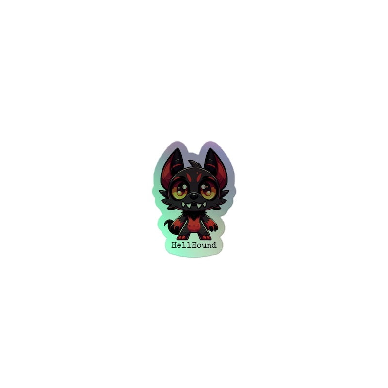 Holographic sticker of a dog with red accents on a white background