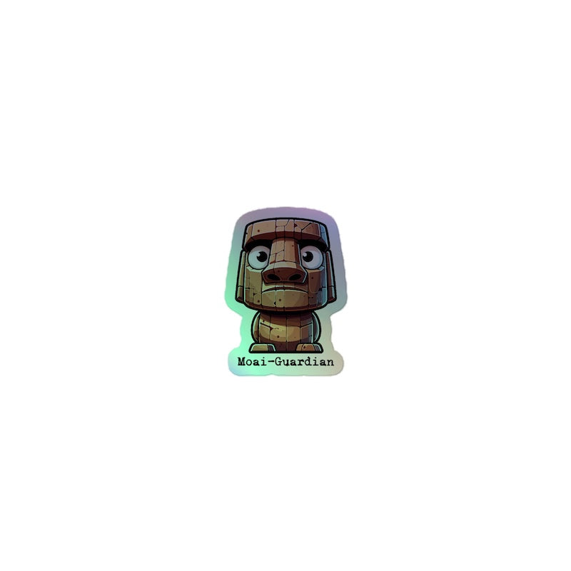 Holographic sticker of a character named 'Moai-Guardian' on a white background