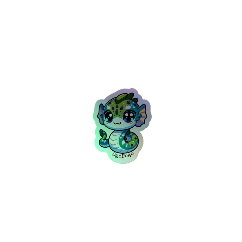 Cartoonish green creature sticker with a white background