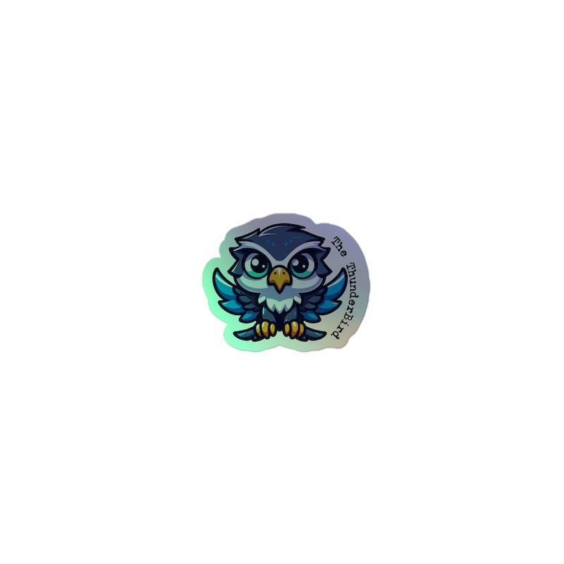 Holographic owl sticker with 'The Happy Parrot' branding on a white background