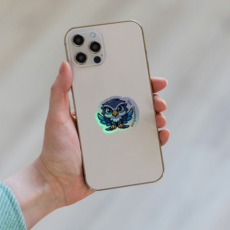 Phone case with a colorful owl design held by a hand against a neutral background