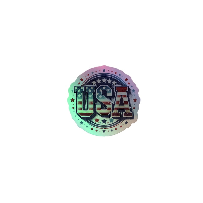 Round sticker with 'USA' text and American flag design on a white background
