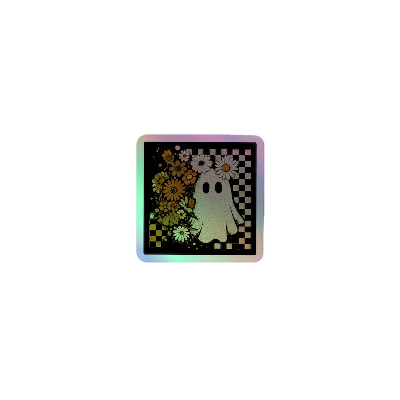 Square sticker with a ghost and flowers design on a white background