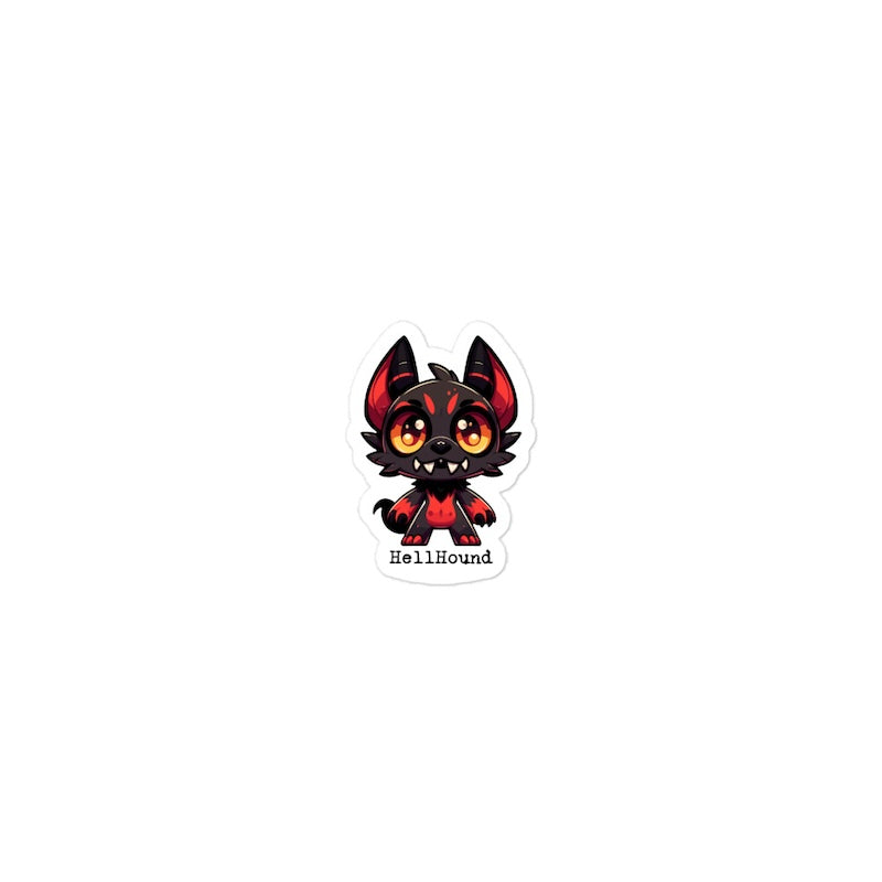 Sticker of a cartoon hellhound with red and black colors on a white background