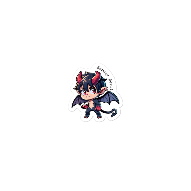 Sticker of a cute cartoon devil character with red hair and wings on a white background.