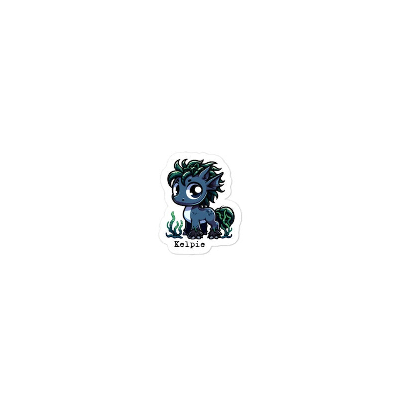 Sticker of a cartoon-like creature with 'Kelpie' text on a white background