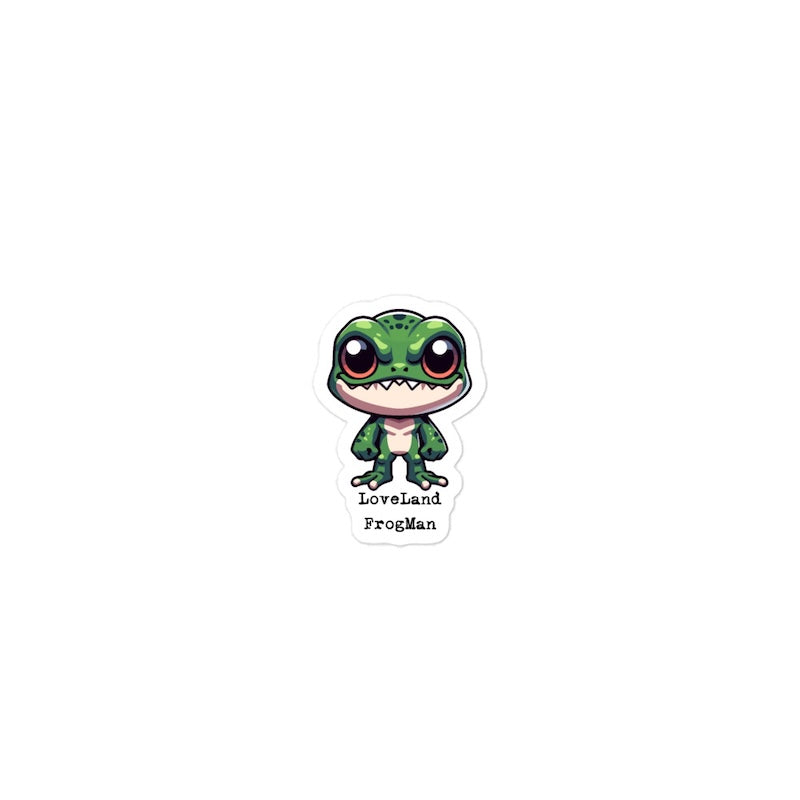 Cartoon frog character with 'Loveland FrogMan' text on a white background