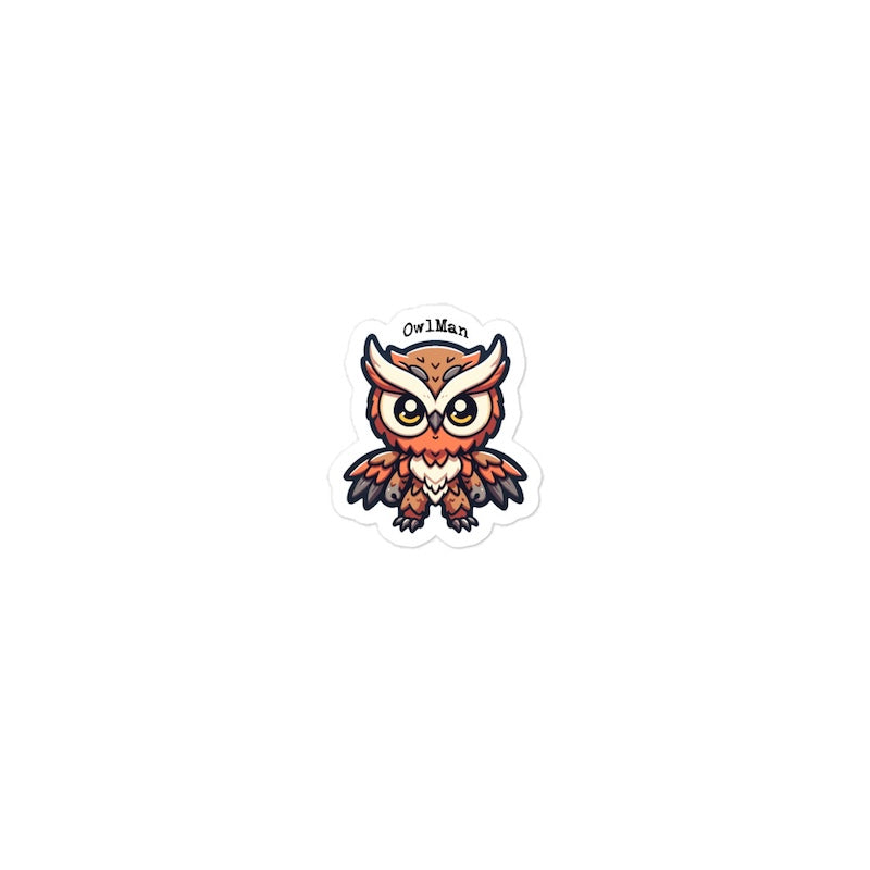 Cartoon owl sticker with 'OwlMan' branding on a white background