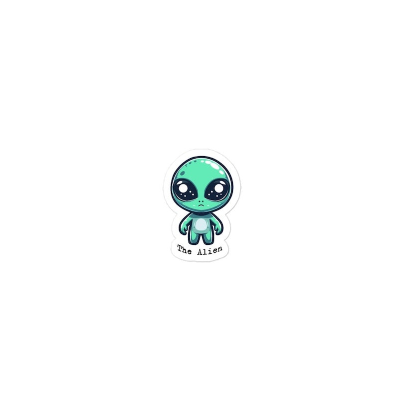 Cartoon alien sticker with 'The Alien' text on a white background