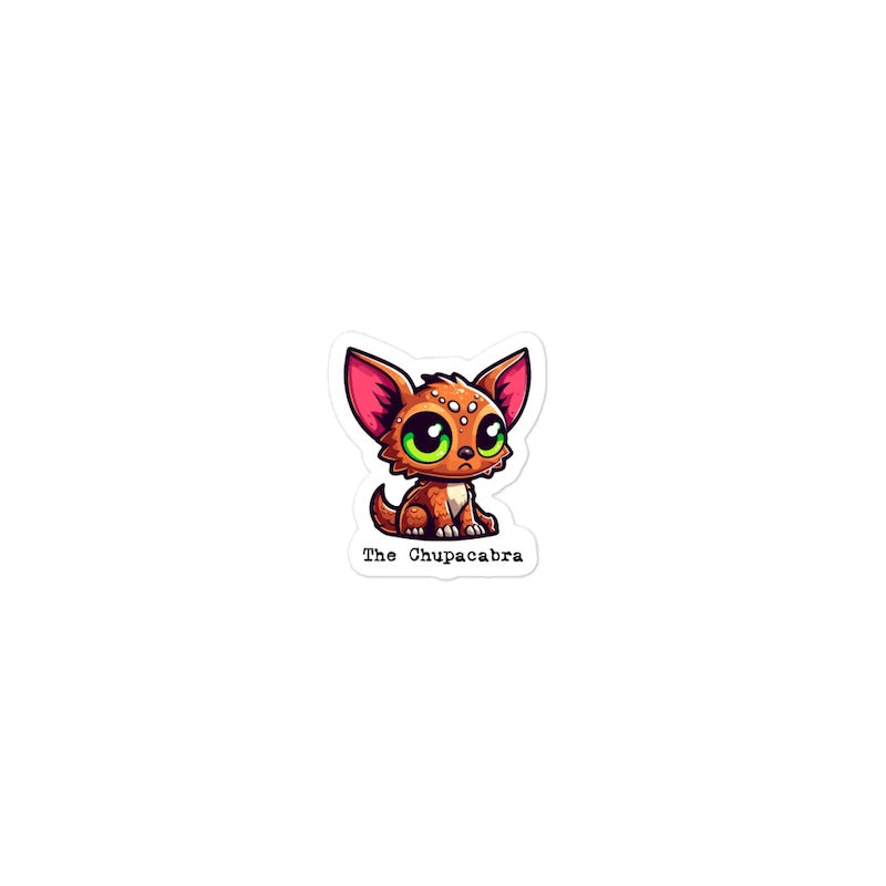 Cartoon-like creature with pink ears and green eyes on a white background