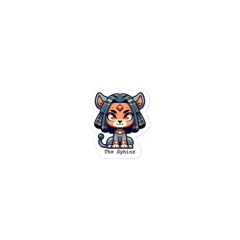 Sticker of a cartoon sphinx character on a white background