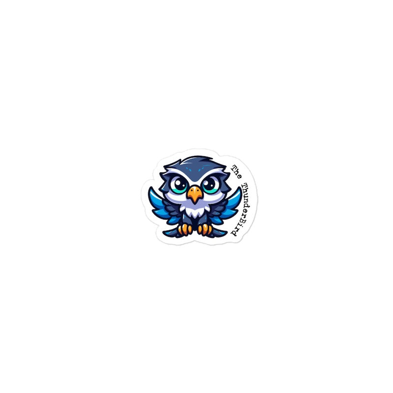 Cartoon owl sticker with blue feathers and yellow beak on a white background