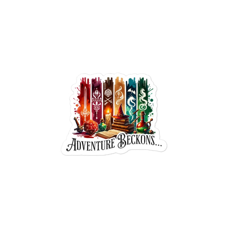 Decorative sticker with fantasy elements and 'Adventure Beckons' text on a white background