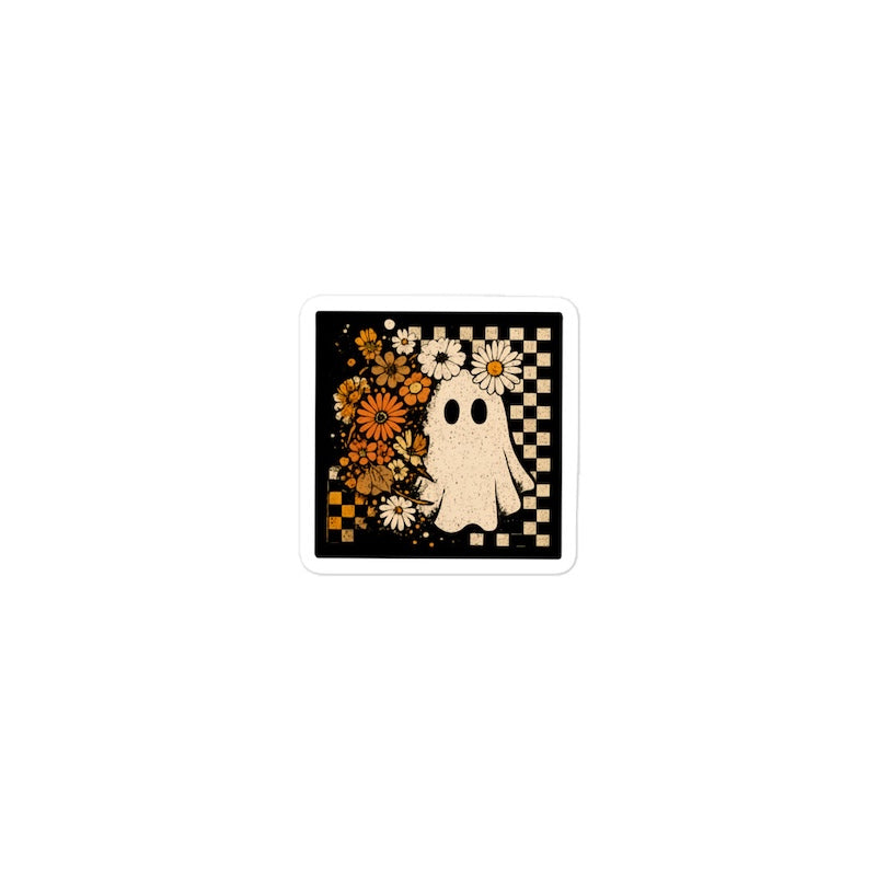 Sticker with a ghost and floral design on a black border