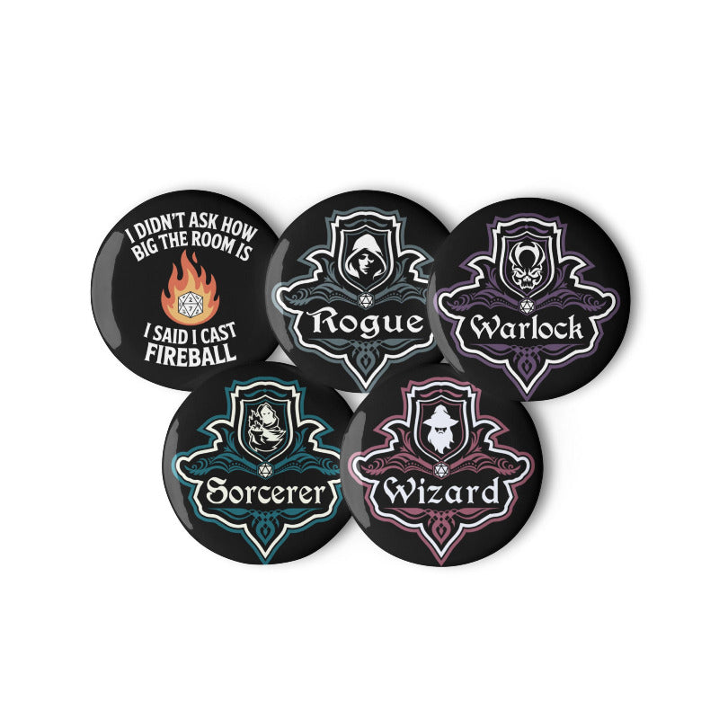 Set of five themed buttons with character names and phrases on a white background