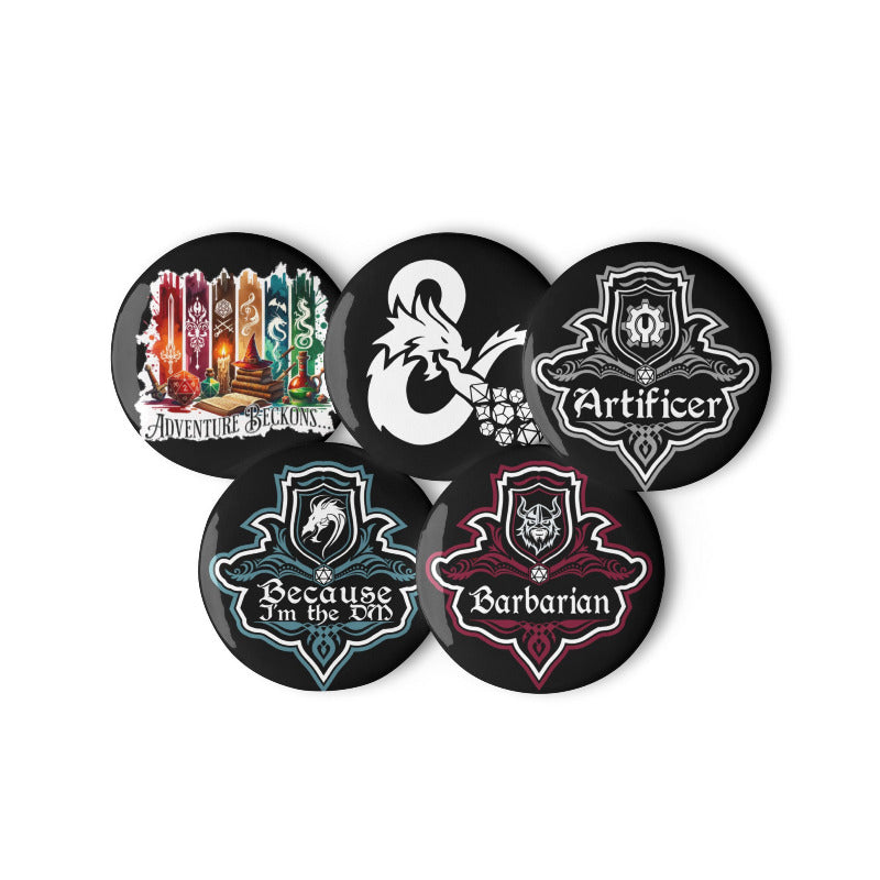 Set of five round badges with different designs and text on a white background