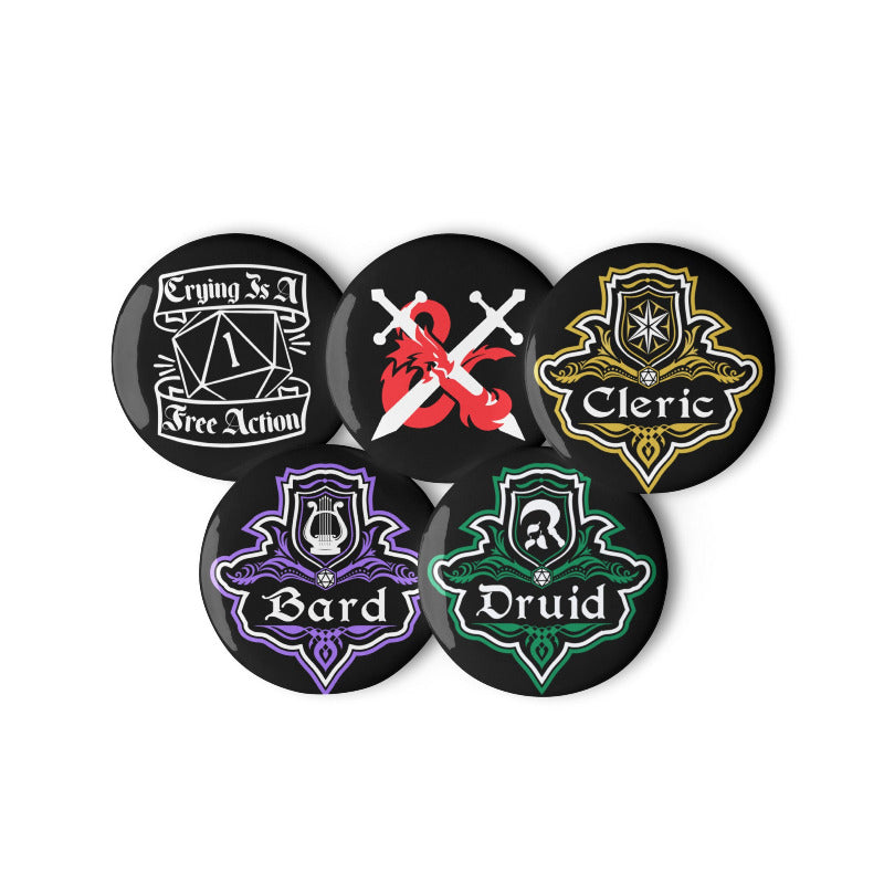 Set of five themed buttons with symbols and text on a white background