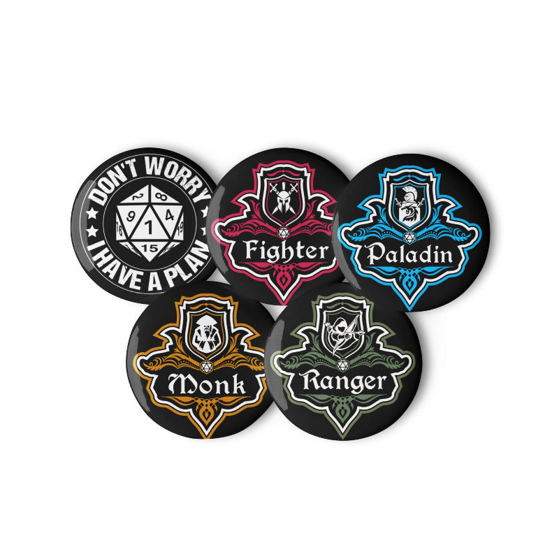Set of five round badges with different professions and phrases on a white background