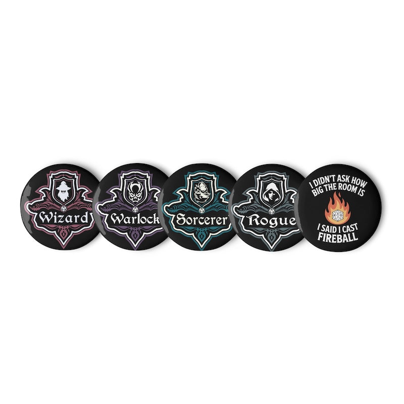 Set of five round badges with different character roles and humorous text on a white background