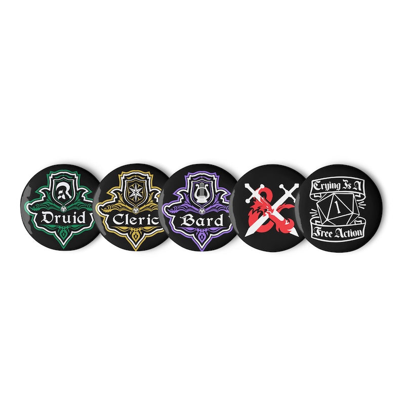 Set of five round badges with different symbols and text on a white background