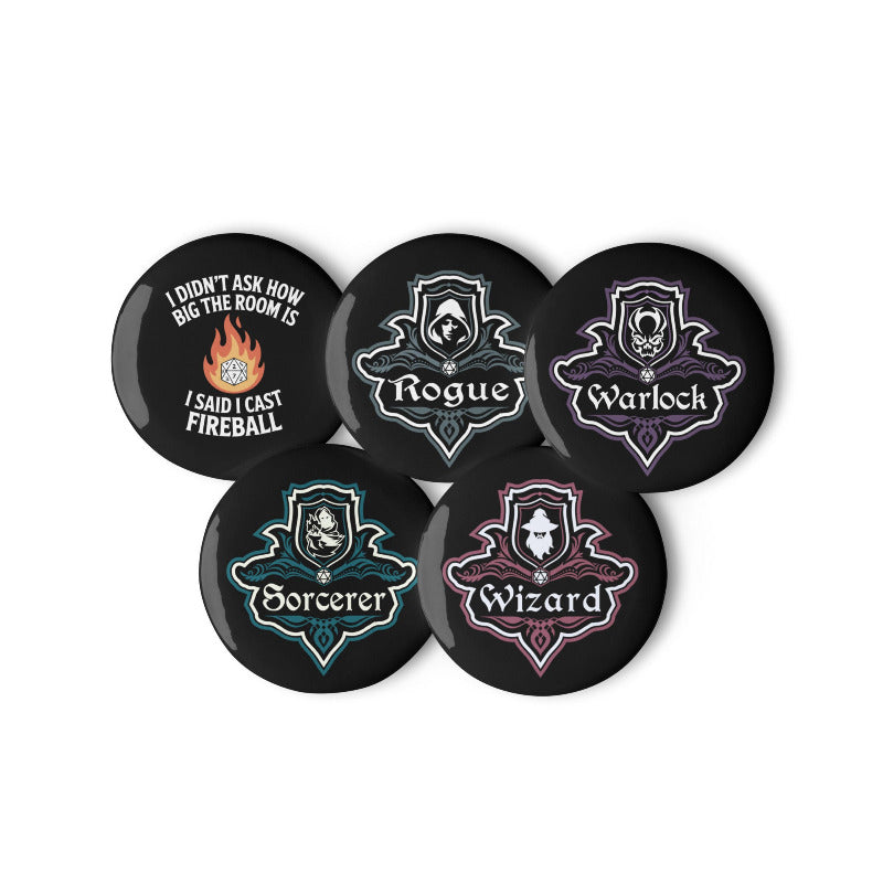Set of five round badges with fantasy-themed designs and text on a white background