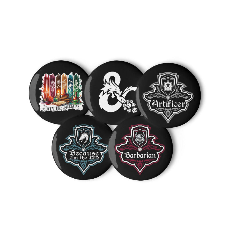 Set of five round badges with different designs and text on a white background