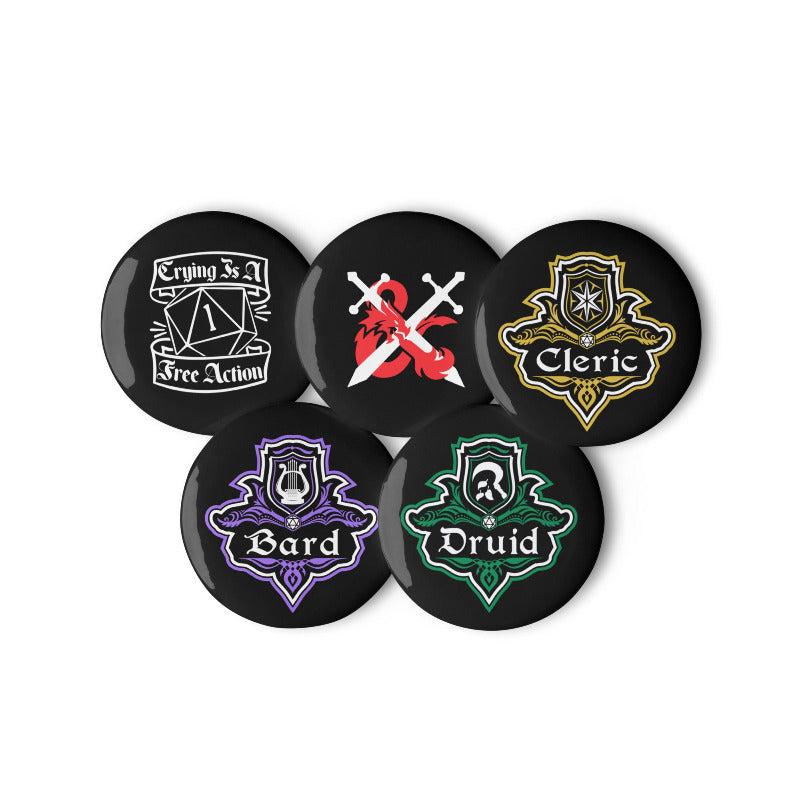 Set of six black buttons with different colors