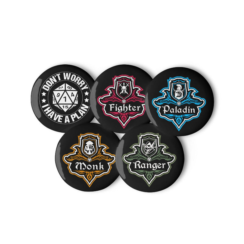 Set of five round badges with different character class designs on a white background