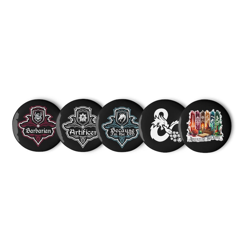 Five round badges with different designs on a white background