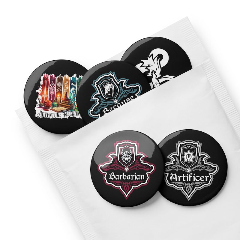 Set of gaming character class buttons with decorative designs on a white background