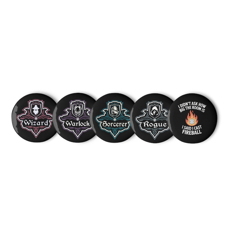 Set of five round badges with different fantasy-themed designs on a white background