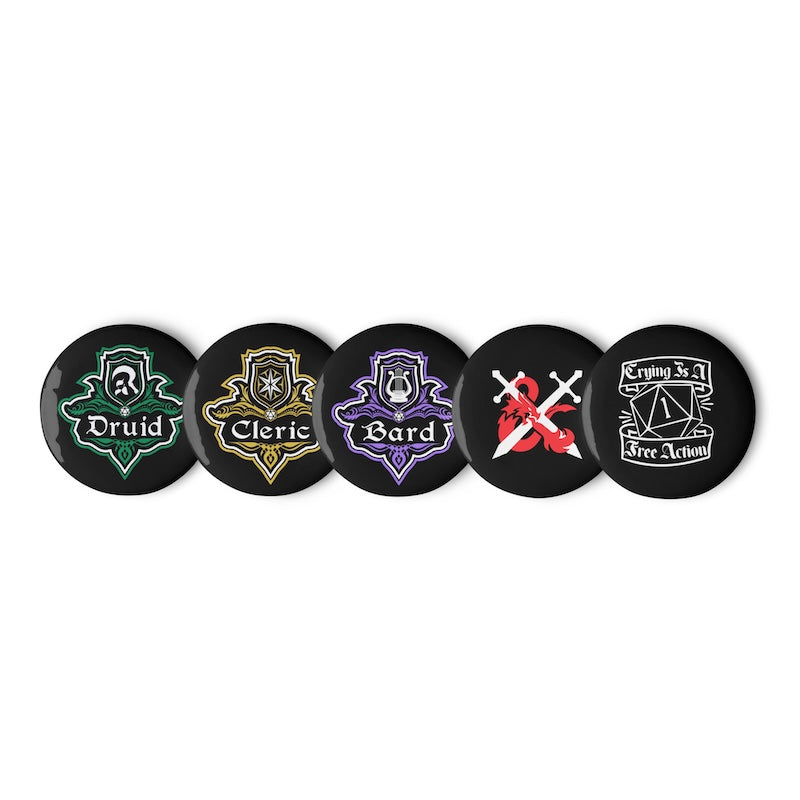 Set of five round badges with different symbols and text on a white background