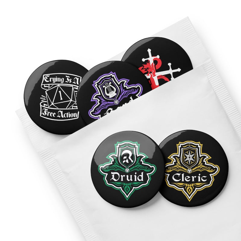Set of black buttons with various designs and text on a white background