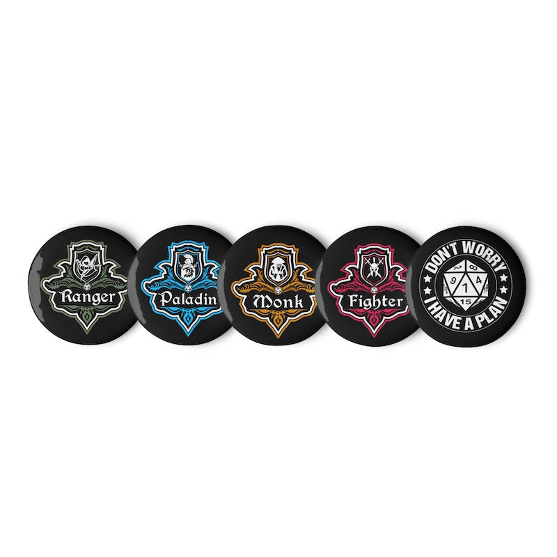Set of five round badges with different character roles and a humorous dice design on a white background.
