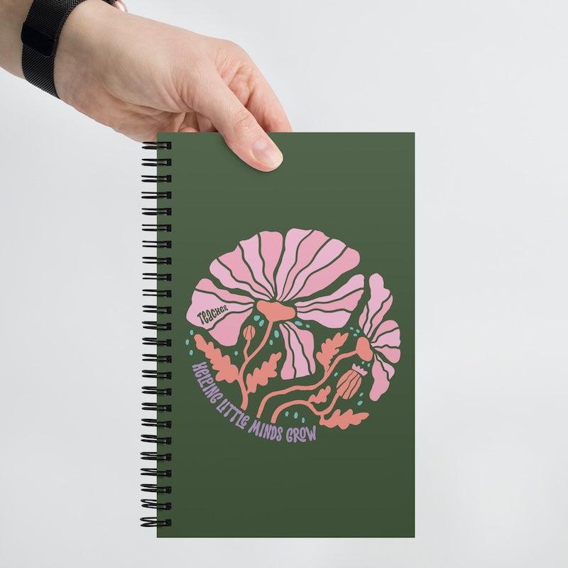 Green notebook with pink floral design held by a hand on a light gray background