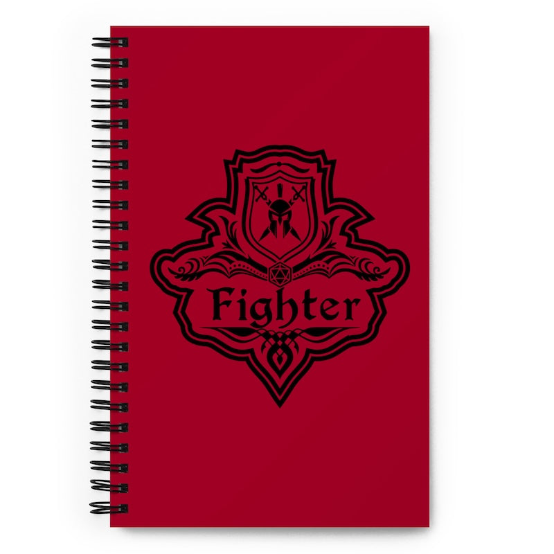 Red notebook with a black 'Fighter' emblem on a white background