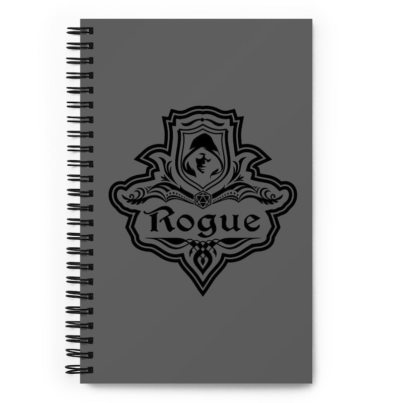 Gray notebook with 'Rogue' emblem on a white background
