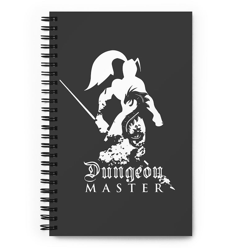 Black notebook with white graphic of a dragon and warrior, and 'Dungeon Master' text.