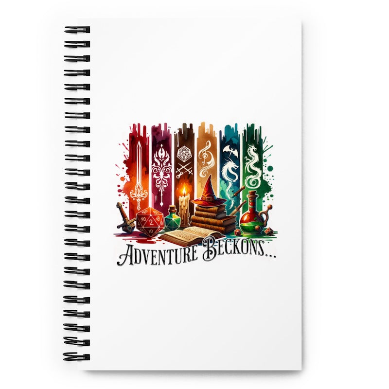 Notebook with 'Adventure Beckons' design featuring fantasy elements on a white background