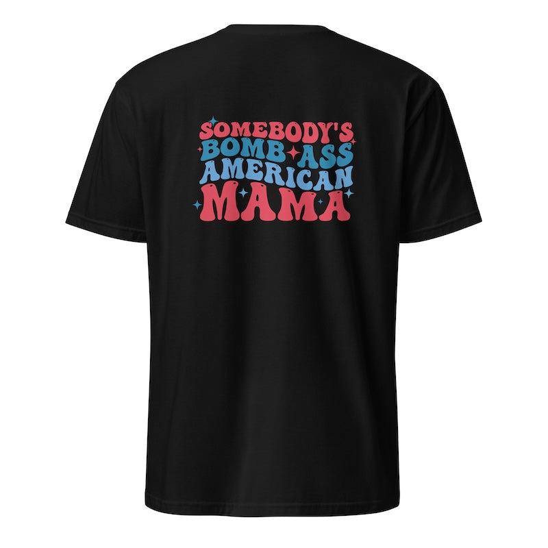 Black t-shirt with colorful text on the back against a white background