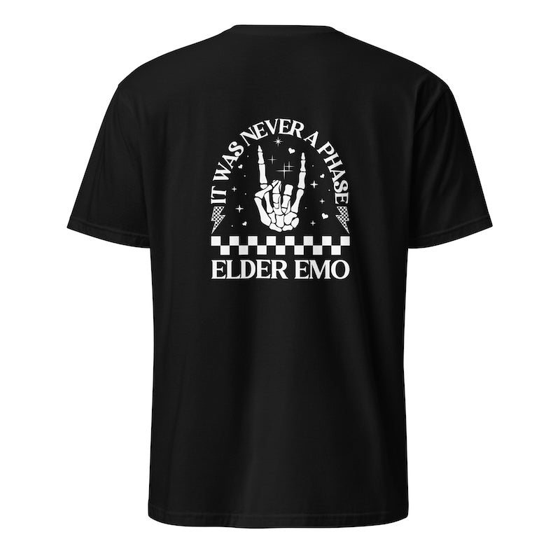 Black t-shirt with white graphic and text on a white background