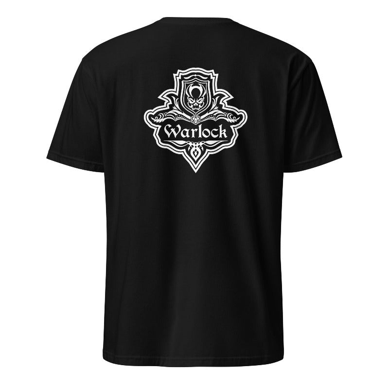 Black t-shirt with 'Warlock' design on the back against a white background