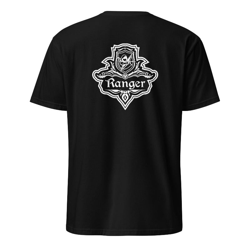 Black t-shirt with a white logo and text on the back against a white background